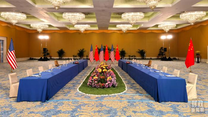 △中美元首會晤開始前的現(xiàn)場。(總臺央視記者石丞拍攝)